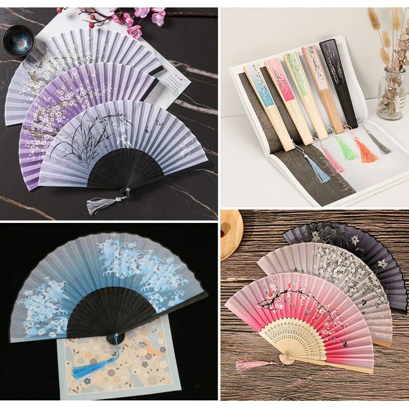 Chinese Japanese Folding Fan Wooden Shank Classical Dance Fan Tassel Elegent Female Fan Party Art Craft Gift Home Decoration