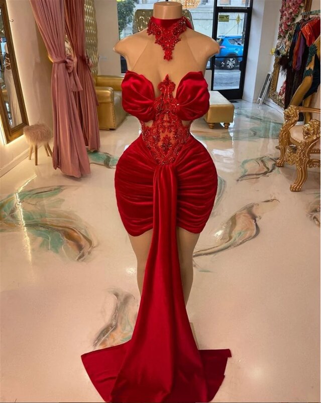 Red Halter Sexy Short Prom Dresses Black Girls Beaded Birthday Party Dresses African Mini Cocktail Dresses Homecoming