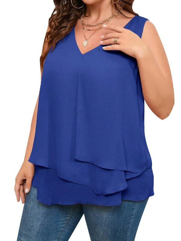Plus Size Summer Sleeveless Vests Pullover Tops Women Ruffle Irregular Pleated Loose Fashion Ladies Blouses V-Neck Woman Tops