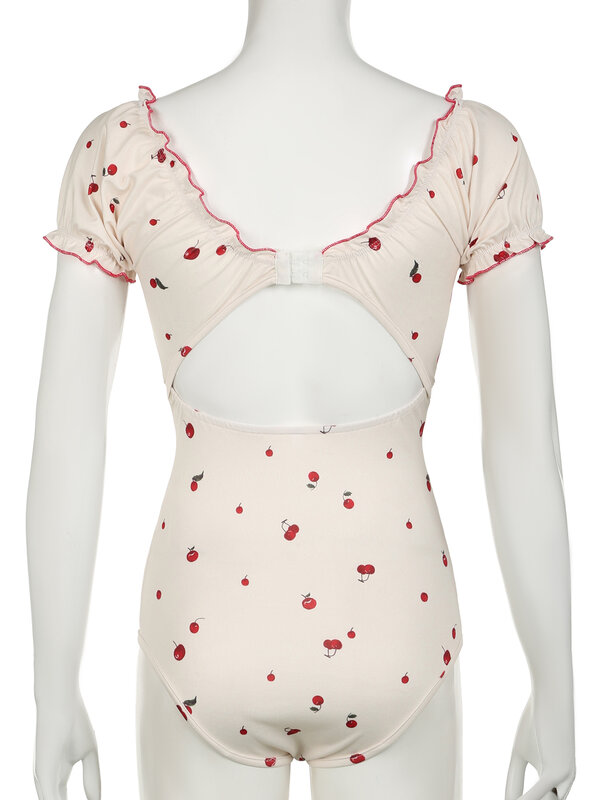 IAMSURE-bodysuits estampados com cerejas doces para mulheres, macacão sem costas, cordão, sexy slim, gola quadrada, manga curta, moda verão