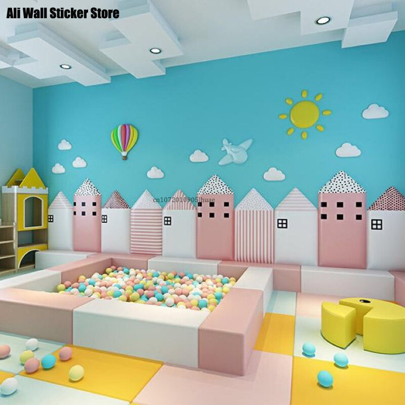 3D desenhos animados casas adesivos de parede, auto-adesivo, anti-colisão, macio, impermeável, decorativo, decoração do quarto