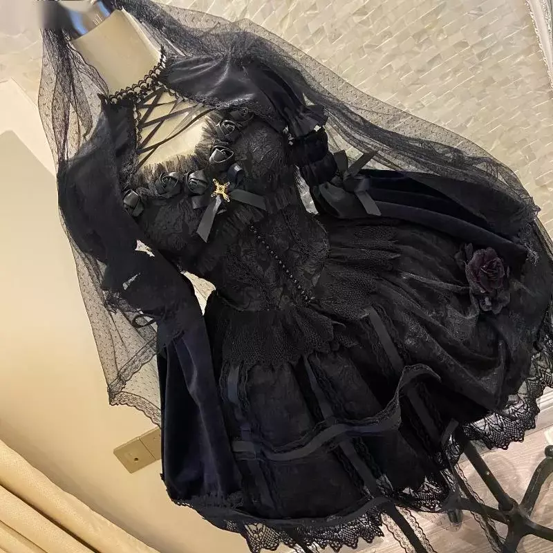 Japanische viktoria nische Gothic Lolita Kleid Vintage Mädchen süße Spitze Rose elegante Prinzessin Urlaub Party Kleider Frauen dunklen Slip Kleid