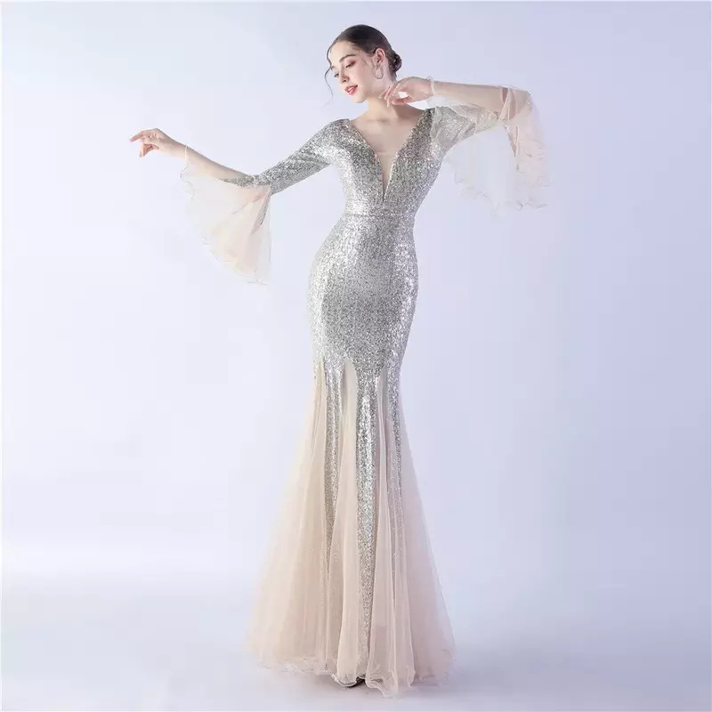 Sladuo Women's Sexy Long Sleeve Sparkly Maxi Dress V Neck Mesh Mermaid Formal Gown Cocktail Glitter Maxi Long Dresses