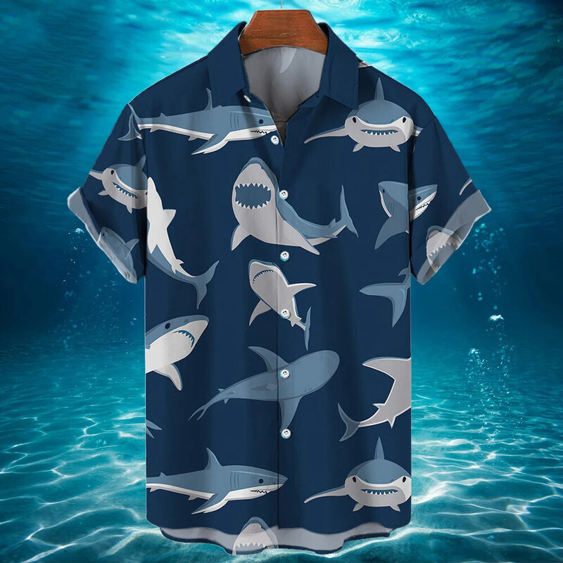 Camisas divertidas con estampado 3d de tiburón para hombre, ropa informal, Tops de manga corta de verano, Camiseta holgada de gran tamaño
