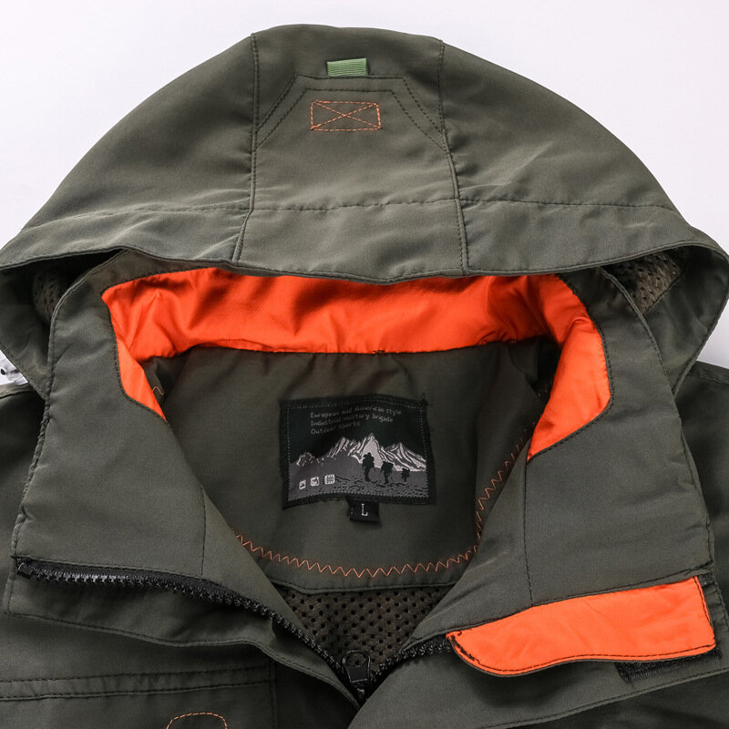 남성용 용수철 대형 사이즈 재킷, 방풍 멀티 포켓 후드 카고 재킷, 야외 하이킹 다기능 전술 코트, 가을