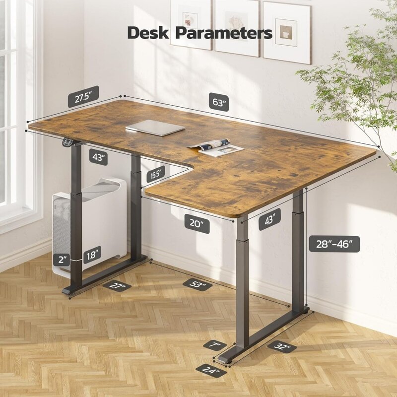 Стоечный столик, столик L-образный регулируемый по высоте 63/71 дюйма, угловой столик электрический, стоечный большой стол для дома и офиса, компьютер