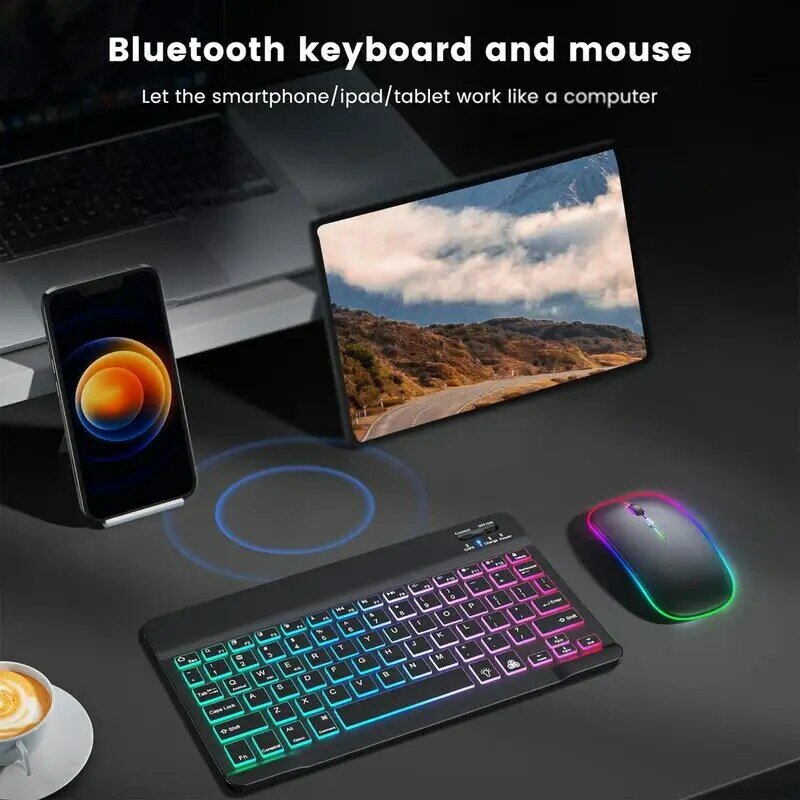Teclado colorido ultra-fino para tablet, sem fio, teclado BT, vários dispositivos, PC, tablet, computador, celular, 10"