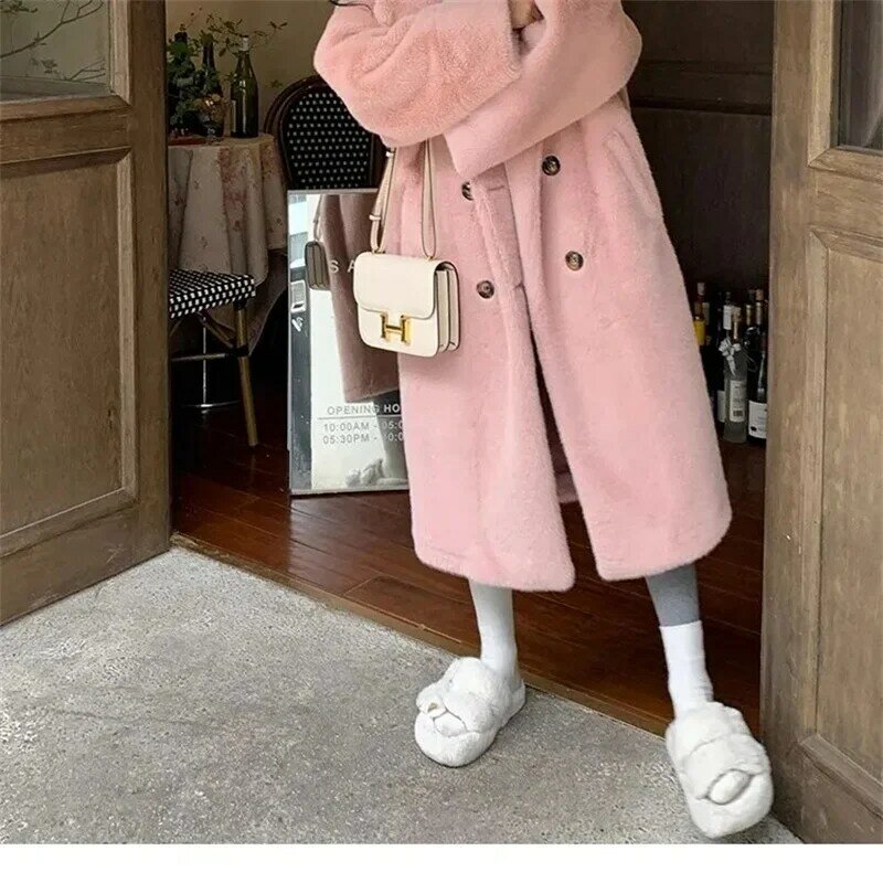 Бежевое экологически чистое меховое Длинное свободное и утолщенное розовое меховое интегрированное пальто из искусственного меха норки с воротником-костюмом для женщин