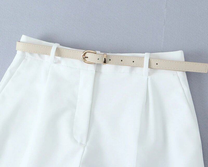Women's 2024 New Chic Fashion Joker Casual Belt Accessories Pleated Shorts Retro High Waist Side Pocket Pantalones Mujer