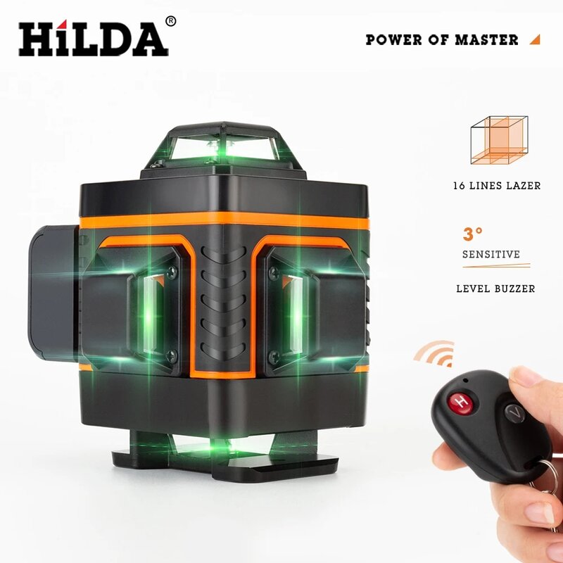HILDA 12/16 Lines 3/4D Laser Level Level Self-Leveling 360 Horizontal dan Vertikal Cross Super Powerfull Green Laser Level