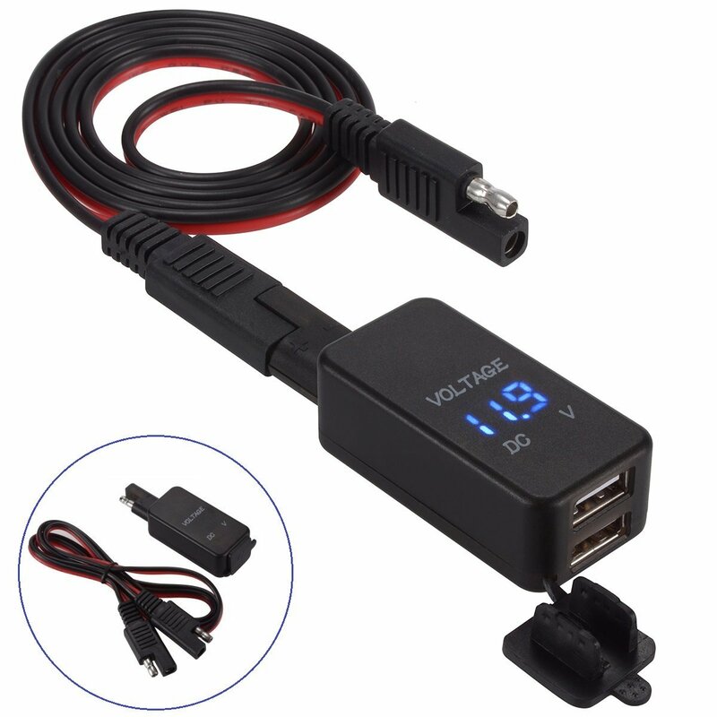 Adaptador SAE para USB com voltímetro, Plugue de desconexão rápida, Carregador duplo impermeável para Smart Phone Tablet GPS