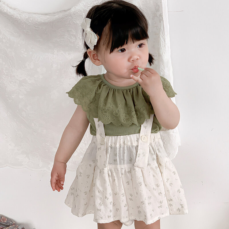 New Summer Baby Girls 2PCS Clothes Set Sleeveless Lapel Solid Color Tops Elastic Floral Print Romper Suit Newborn Girls Outfits