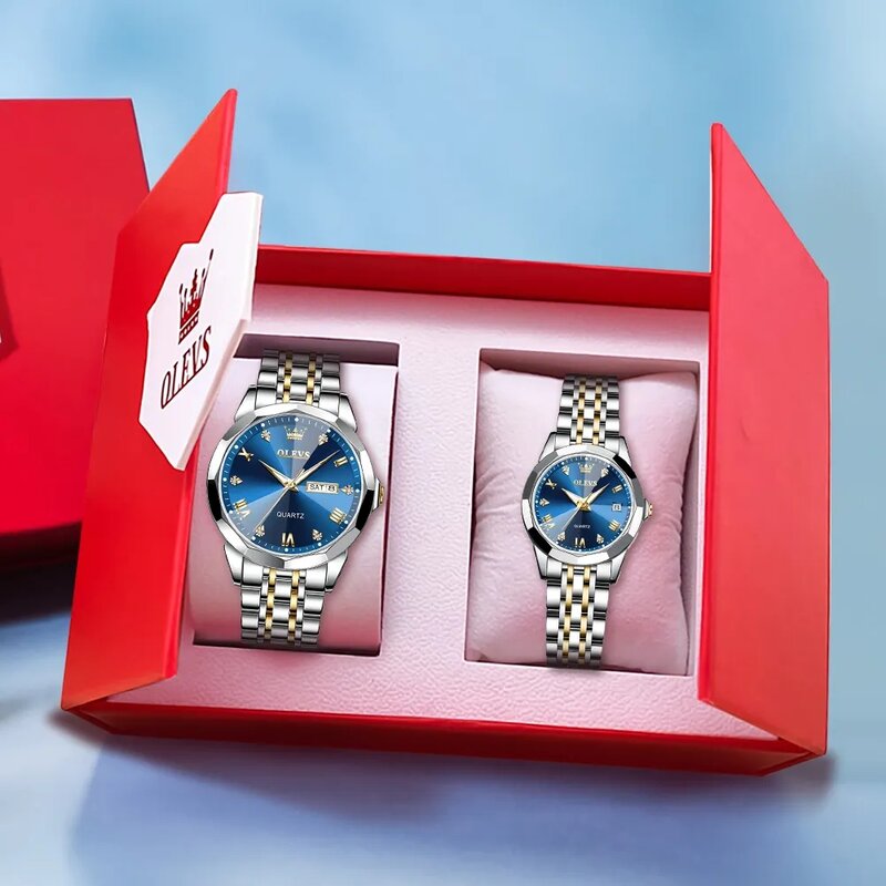 OLEVS jam tangan pasangan mewah, Set hadiah kalender, anti air, bercahaya, jam tangan Quartz asli, cermin belah ketupat