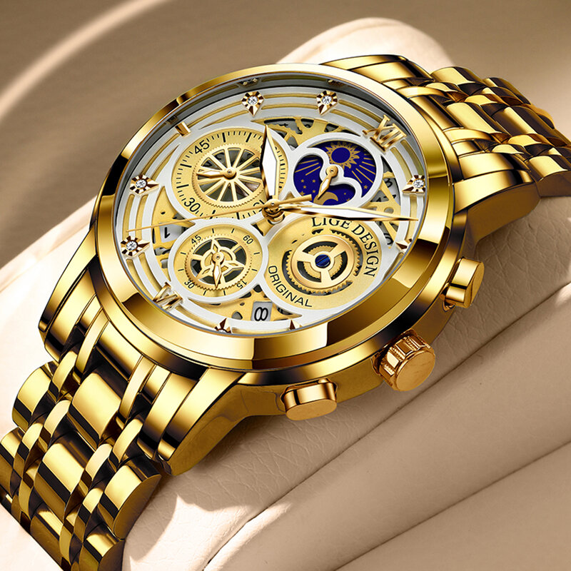 Часы наручные LIGE Мужские кварцевые, брендовые Роскошные спортивные водонепроницаемые с хронографом и датой, с коробкой