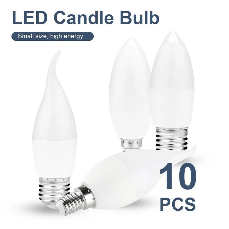 Bombillas de vela LED E14 E27, lámpara de araña de luz led de CA 220V, 3W, 6W, 7W, 9W, lámpara de decoración de dormitorio, ahorro de energía, 10 unidades por lote