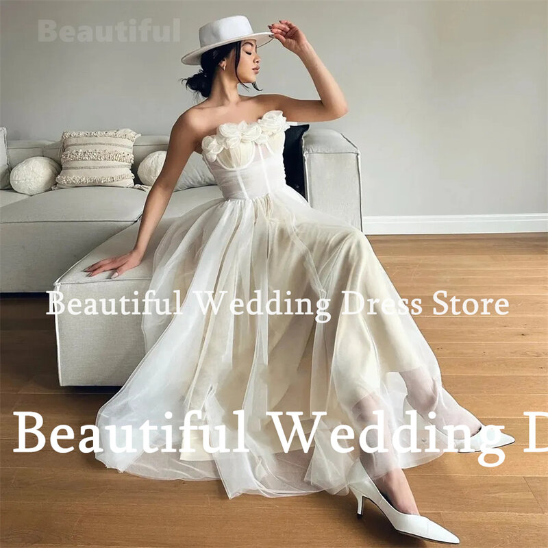 New Strapless Women Wedding Dress Flowers Appliques A-Line Tulle Ankle-Length Vestidos de novia 2024 Bridal Gown Homecoming Dres
