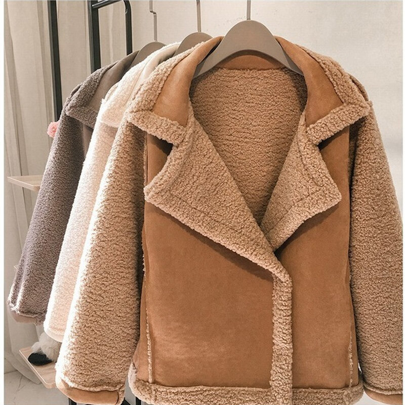 Jaket kulit domba musim dingin wanita, mantel bulu domba satu potong tebal kasual hangat ukuran besar S ~ 4XL 2023