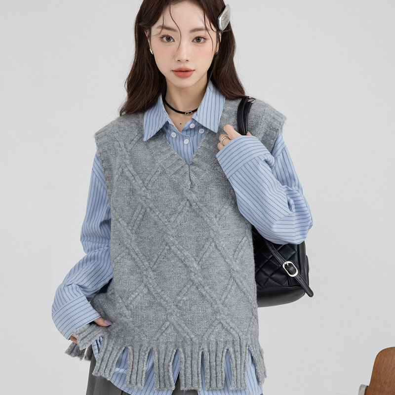 Ensemble de Pull et Chemise Bleue à Pompon pour Femme Streetwear Simple, Style Preppy Coréen, Doux, Rayé Argyle, Assressentiavec Tout