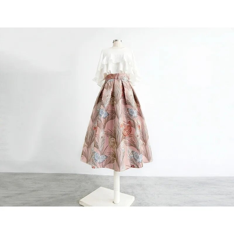 Pengpeng-Faldas de cintura alta para Mujer, Faldas plisadas de Jacquard rosa, estilo Hepburn, primavera, verano, Otoño, Moda coreana