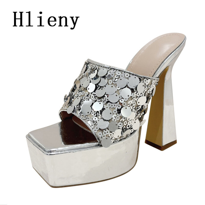 Hlieny Fashion Sequin Bling Platform Women Slippers Summer Square Toe Design High Heels Slides Shoes Wedding Party Sandals