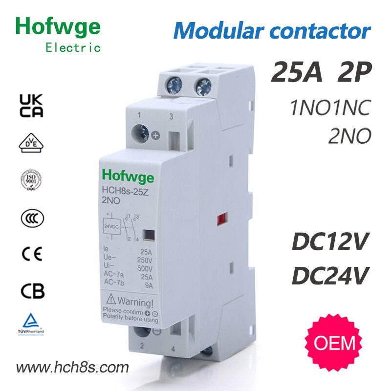 Contator doméstico automático, tipo trilho ruído, contator de HCH8s-25Z DC, bobina DC24V, DC 12V, 2P, 25A, 16A, 2NO, 1NO1NC