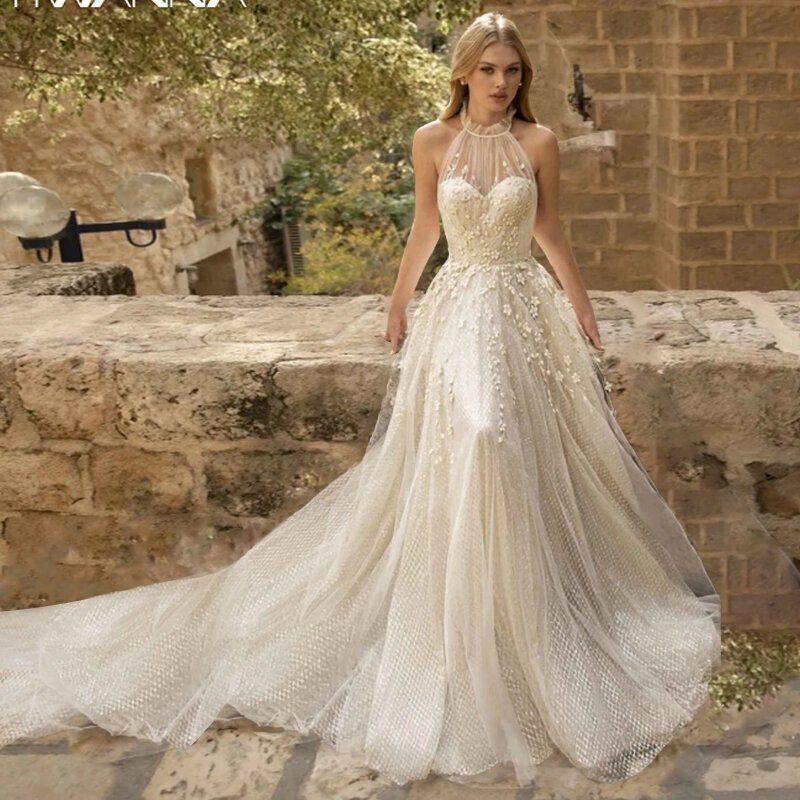 Romantic Halter Wedding Elegant A-Line Dresses Bridal Gowns Illusion Sweetheart 3D Flowers Appliques Train Vestidos De Novia