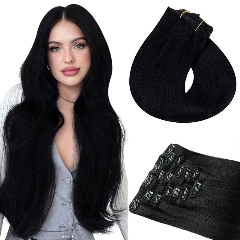 Rechte Clip In Hair Extensions Echt Menselijk Haar Dubbele Inslag Naadloze Clip Ins Zwarte Kleur 1 # Voor Vrouwen 22-24 Inch 100 G/set