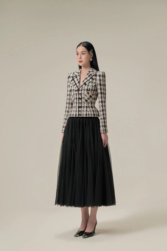 Tailor Shop Slim and  classic black and white houndtooth Winter tweed Light Luxury Top and pleat mesh Skirt Semi-Formal outfit