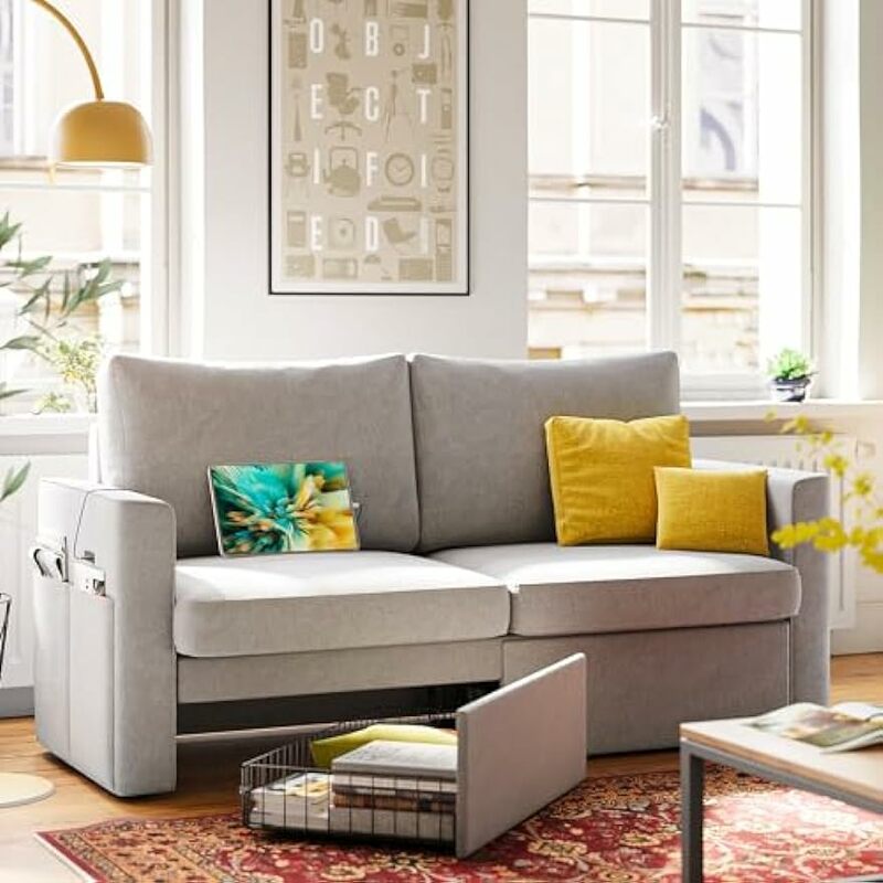 Sofá Loveseat com gaveta e porta de carregamento, sofás para sala de estar, apoio de braço, sofá duplo para quarto, cinza