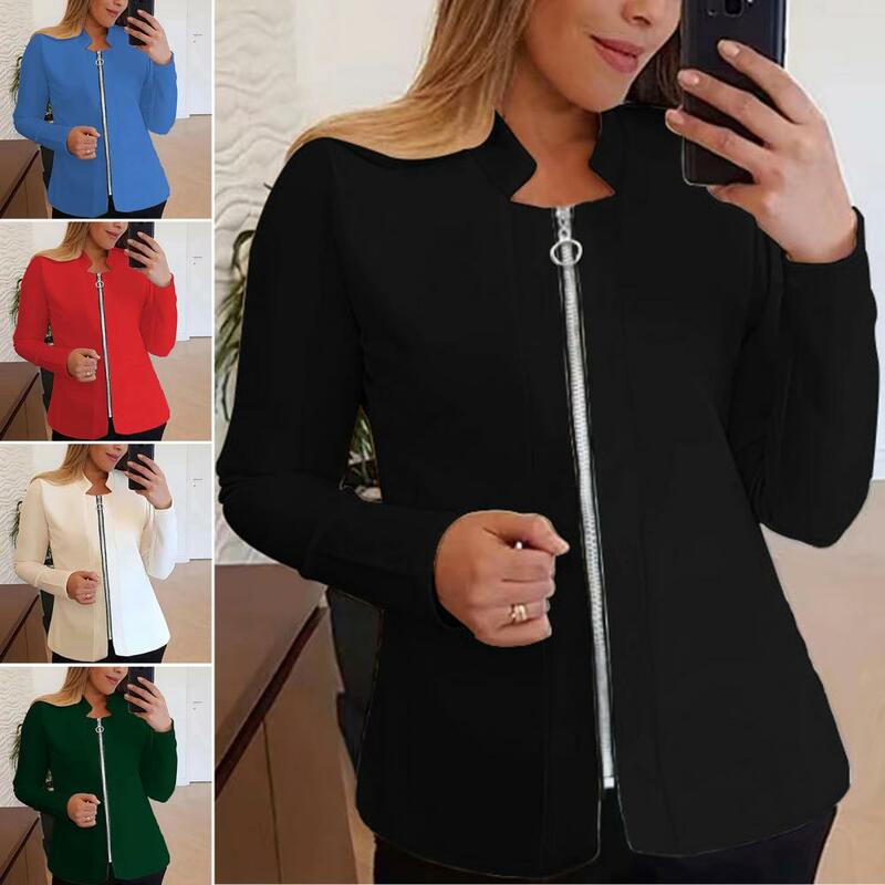 Women Fall Spring Coat Stand Collar Zipper Closure Cardigan Loose Long Sleeve Straight Mid Length Formal Commute Suit Jacket