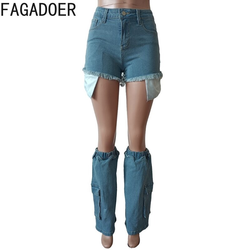 Модные женские джинсовые шорты FAGADOER Y2K с завышенной талией, на пуговицах, с карманами, узкие джинсы, женские однотонные ковбойские с накладными штанинами