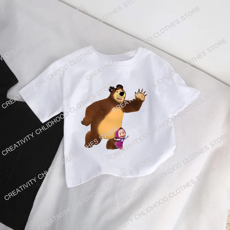 Детская футболка Mashas and Bear, детские футболки с рисунками из аниме, милые топы, повседневная одежда для мальчиков и девочек, модные с коротким рукавом