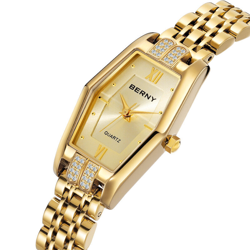 Berny Dames Gouden Polshorloge Mode Diamant Horloge Vrouwen Quartz Horloges Luxe Roestvrij Staal Hoge Nauwkeurigheid Waterdichte Horloges