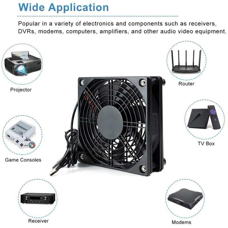 Ventilateur de routeur sans fil, refroidisseur PC DIY, boîtier TV, refroidissement silencieux, alimentation USB, DC 5V, 120mm, 120x25mm, 12cm W, vis, filet de protection