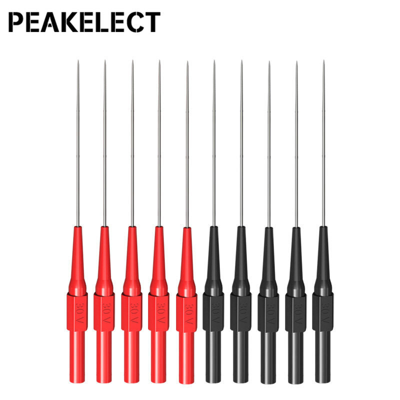 Peakelect p30009 + 10 pces isolado pino de ponta de prova longa volta não-destrutivo teste ponta de prova de perfuração inoxidável 4mm jack