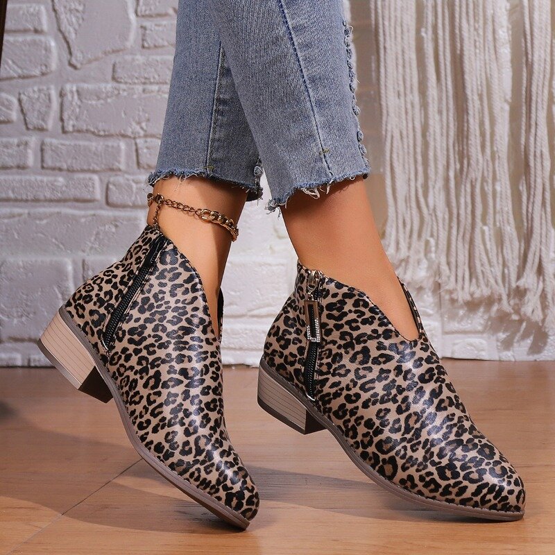 Sepatu bot motif macan tutul untuk wanita, sepatu bot Chelsea musim dingin 2023, sepatu bot pendek motif macan tutul, sepatu kulit kasual dengan ritsleting samping untuk wanita