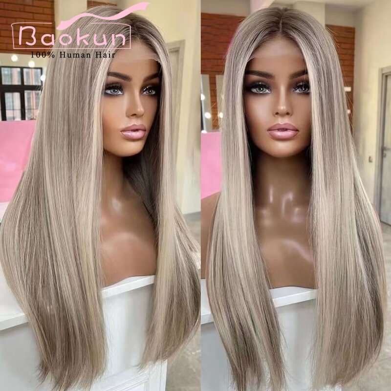 13x4 Ash Blonde Highlight Wig Straight Lace Front Wigs Human Hair Pre Plucked Transparent 13x6 HD Lace Frontal Wig For Women
