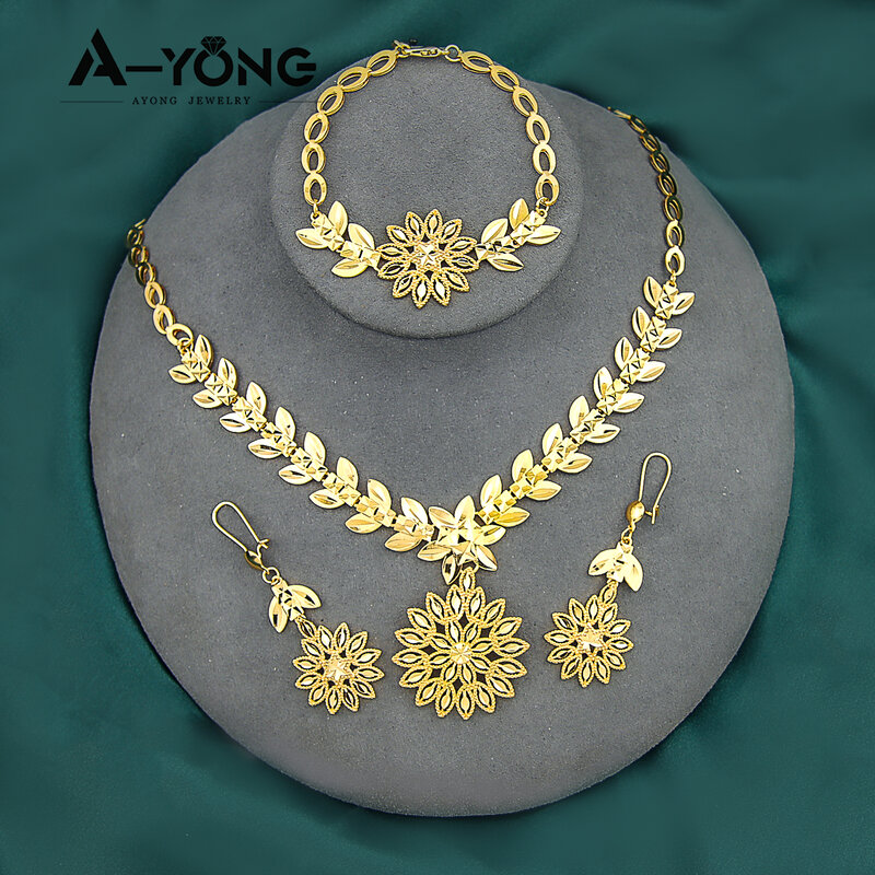 AYONG Saudi Arabia Gold Jewelry 21k Gold Plated Wedding Luxury Jewelry Set Own Design Bracelet Necklace Ring Set