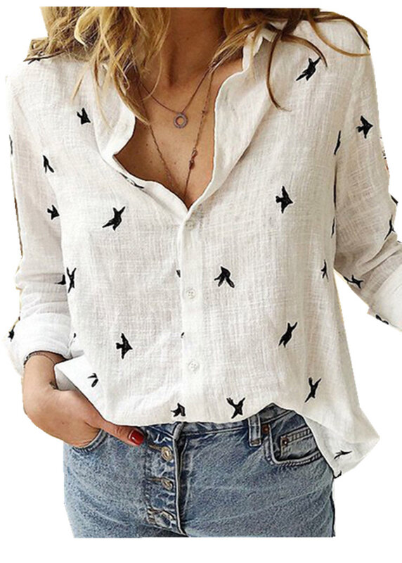 Blusa de lino y algodón para mujer, camisa de manga larga, informal, con botones y solapa, holgada, elegante, para primavera y verano