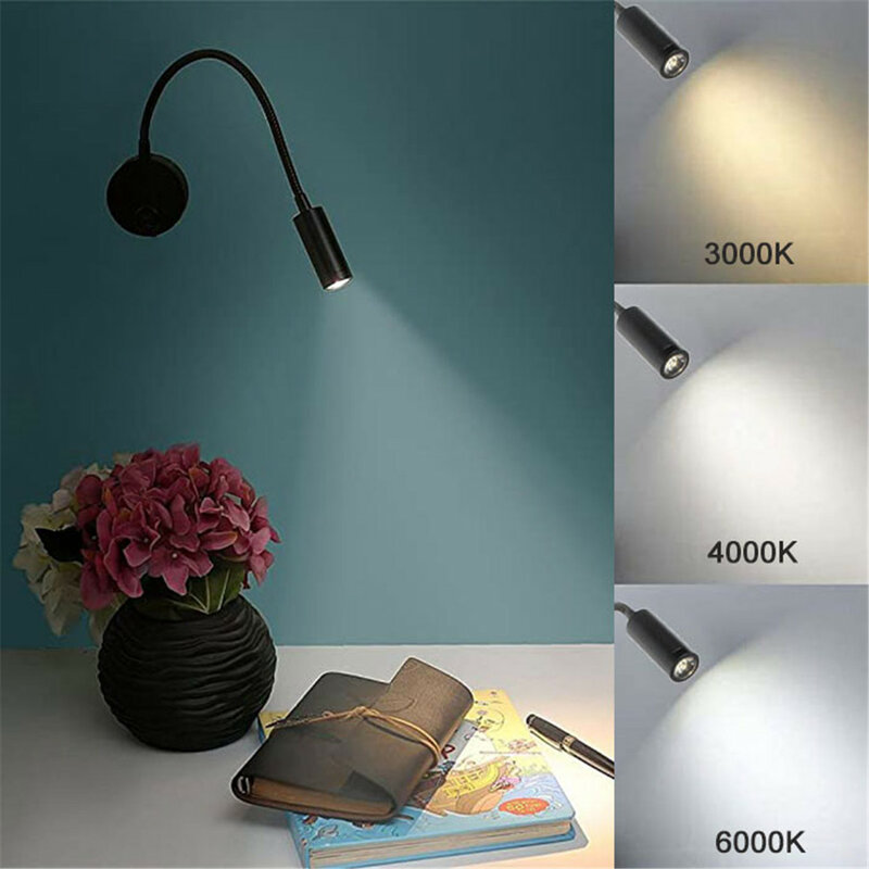 Bronze Gooseneck LED luz de leitura, lâmpada de parede, cama cabeceira, secretária, interruptor de cabeceira, lâmpada da noite, 3W, preto, branco, prata, 4000K