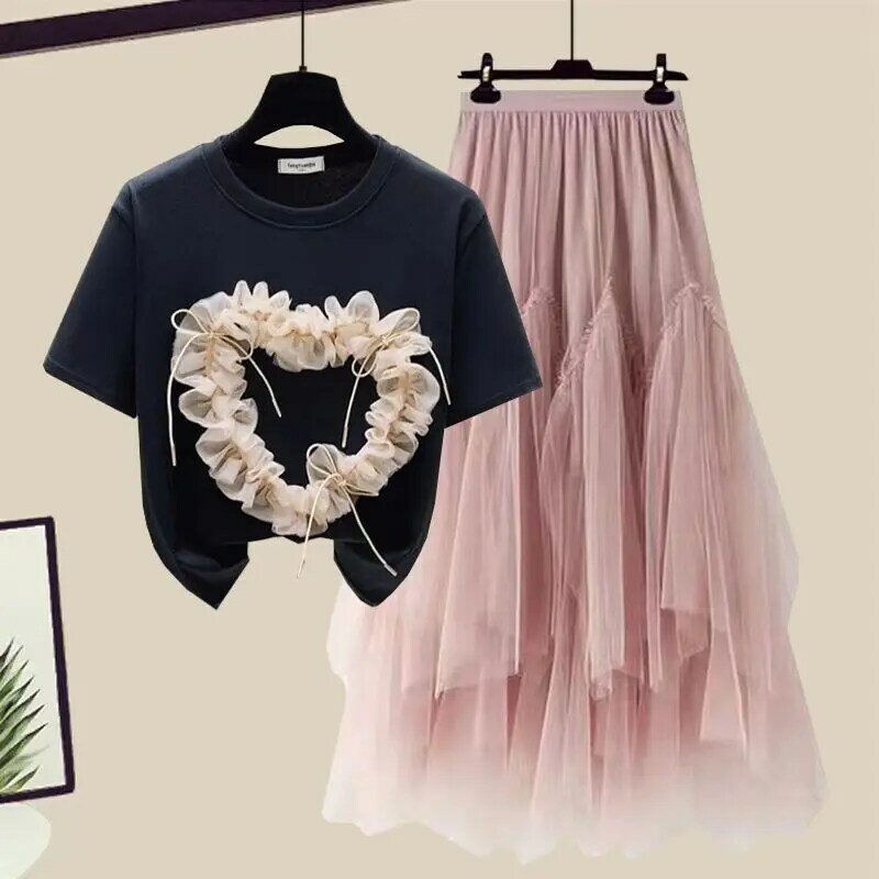 Fashion Set Women's 2024 Spring/Summer New Korean Short Sleeved Top Mesh Half Skirt Small Fragrant Wind Two Piece Set