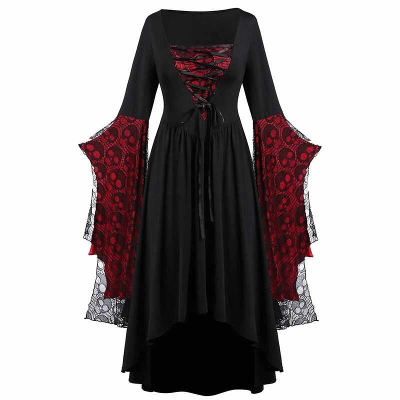 Setelan karnaval abad pertengahan Kostum Halloween untuk wanita penyihir gaun Gotik vampir kostum hantu menakutkan pakaian pesta dicetak