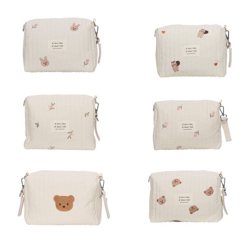 Bolsa de pañales para cochecito de bebé, Organizador con bordado de oso, multifuncional, para lactancia, mamá, bolsa de maquillaje de viaje