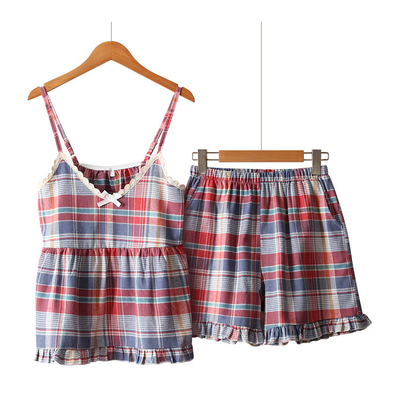 Letnie szorty w kratę z szelkami Piżama damska Sweet Little Fresh Loungewear Set Sleeveless Spaghetti Strap Sleepwear 2-częściowa