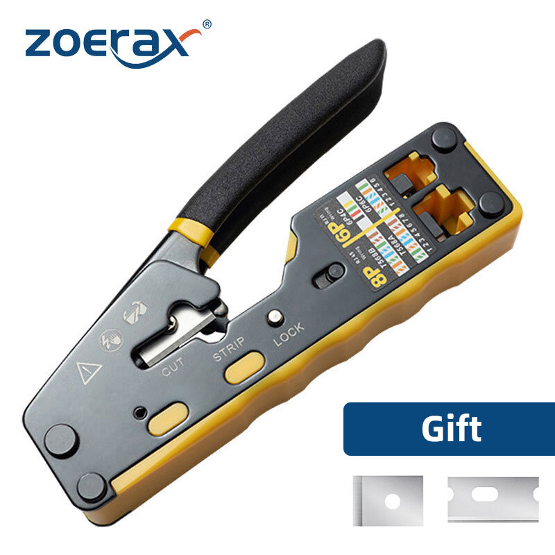 ZoeRax Pass Through Crimper Cutter, conector modular, Ethernet, tudo-em-um fio ferramenta, RJ45, Cat6, Cat5, Cat5e, 8P8C