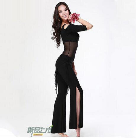 Hot Sale Baru Haft-Leher V Lengan Tari Perut Set Susu Sutra Tari Perut Kostum Wanita untuk Penari Pakaian top & Celana