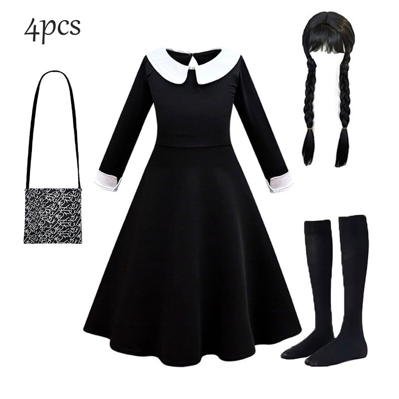 Halloween Wednesday Merlina Adams Girl Costume For Kids Girl Fancy Carnival Party Tulle Dress Gothic Outfit Vestidos Children