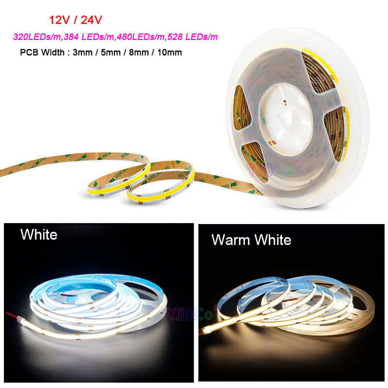 고밀도 유연한 소프트 바 COB LED 스트립 테이프, FCOB 조명, 320, 384, 480/528 LED/m 백색, 온백색 선형 조광 가능, 12V, 24V, 5m