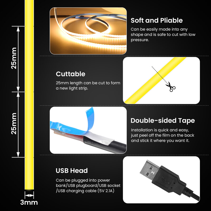 5V COB LED Strip Light 3mm PCB Ultra Thin Flexible Tape 320Leds/m RA90 Dimmable LED Ribbon Warm Natural White Linear Lighting