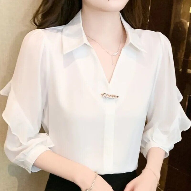 Women's Summer 2024 New Pullover Turndown Collar Patchwork Fashion Solid Color Ruffle Edge Loose 3/4 Sleeve Blouses Shirts